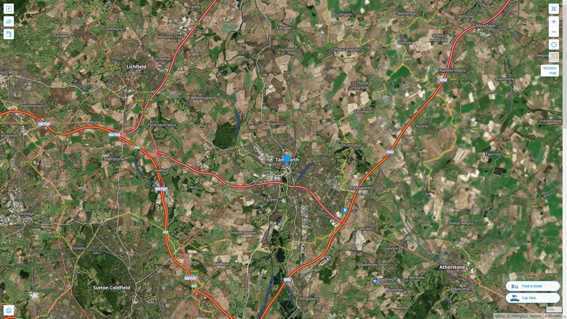 Tamworth Royaume Uni Autoroute et carte routiere avec vue satellite